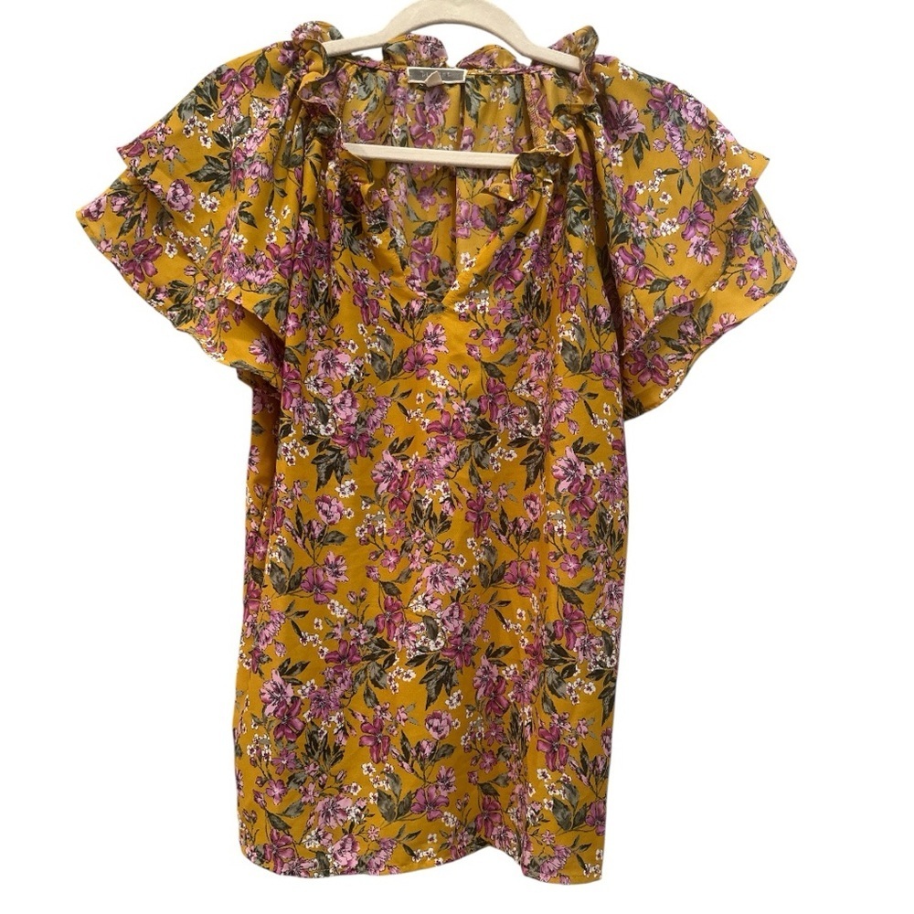 Pleione Ruffle Sleeve Floral Blouse Summer Garden Girl Sz M